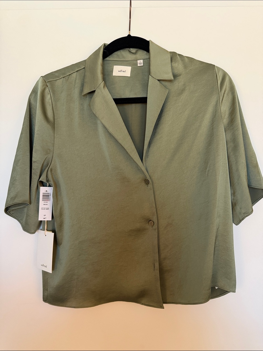 Wilfred Olive Satin Short-Sleeve Button-Front Shirt